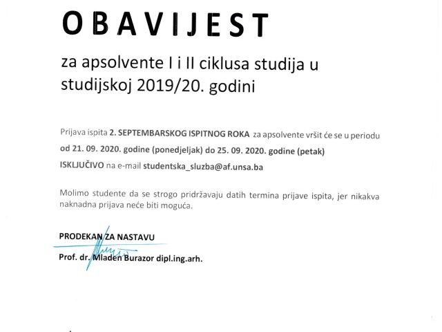 obavijest_2. SEPTEMBARSKI ispitni rok za apsolvente_studijske 2019_2020. godine