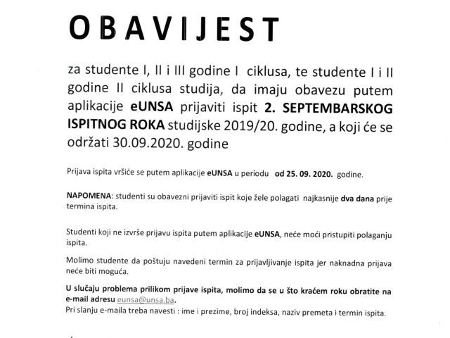 obavijest_2. SEPTEMBARSKI ispitni rok_studijske 2019_2020. godine