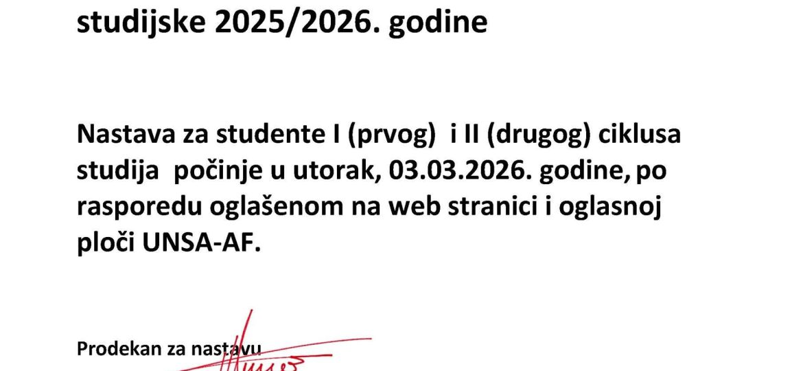 obavijest_POČETAK NASTAVE_ljetni semestar za studijsku 2025_2026 godinu