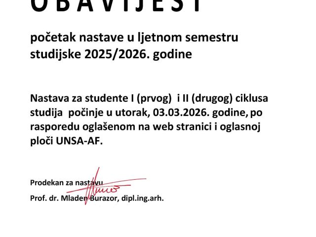 obavijest_POČETAK NASTAVE_ljetni semestar za studijsku 2025_2026 godinu