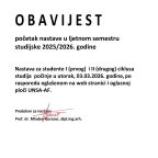 obavijest_POČETAK NASTAVE_ljetni semestar za studijsku 2025_2026 godinu